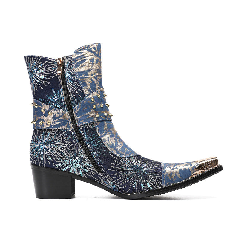 Heightening Western Cowboy Boots Pointed Embroidered Knight Boots Men 2023 New Mid-Tube Martin Boots Chelsea Boots Trend