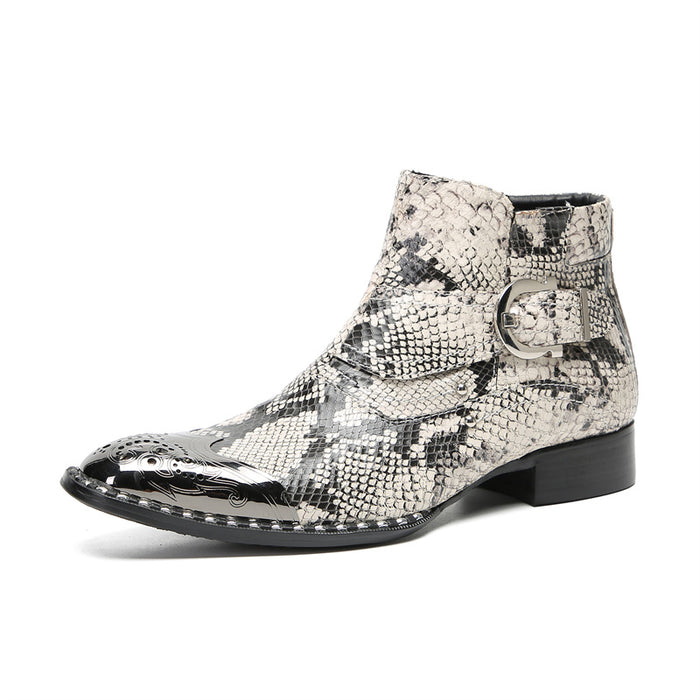Retro snake pattern personality pointed toe Martin boots men's leather boots cowhide high-top leather shoes boots men's British zipper short boots