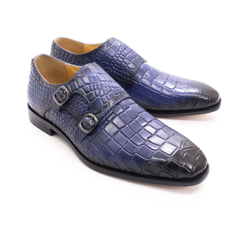 2024 Italy Handmade Genuine Leather Men's Shoes Business Double Buckle Crocodile Pattern Monk Meng Ke Shoe Cover Foot Formal Wear Leather Shoes Men