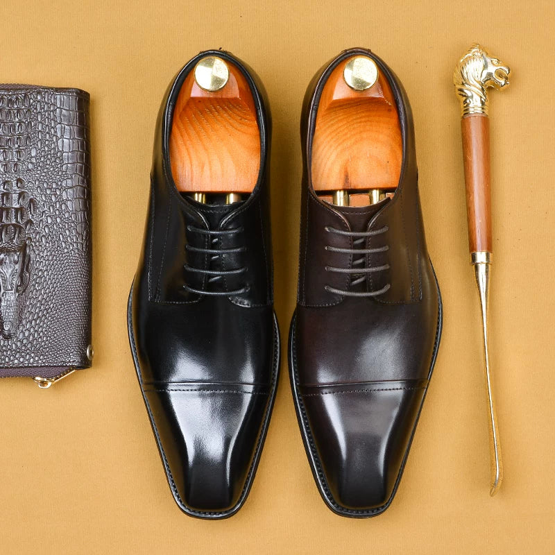 Men's Genuine Leather Derby Shoes, Handmade, Square Toe