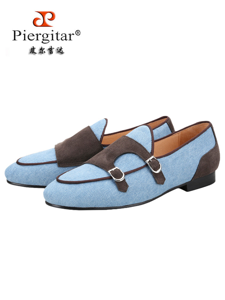 Washed denim cloth splicing frosted leather double Munch shoes handmade custom one-pedal Belgian loafers men