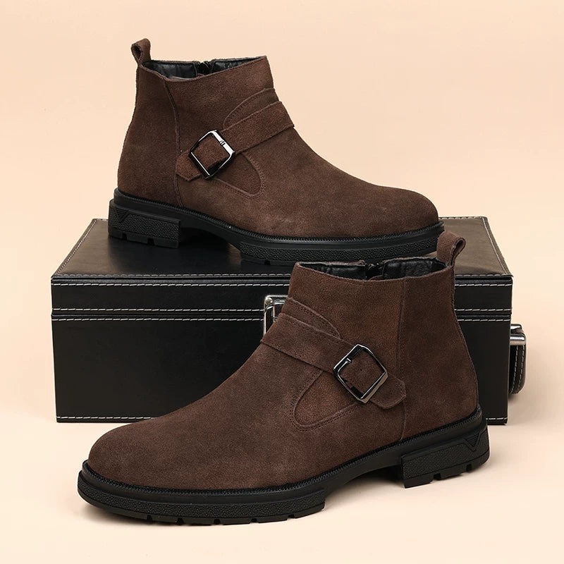 Men's Brown Genuine Leather Martin Boots, Height Increasing, Pointed Toe
