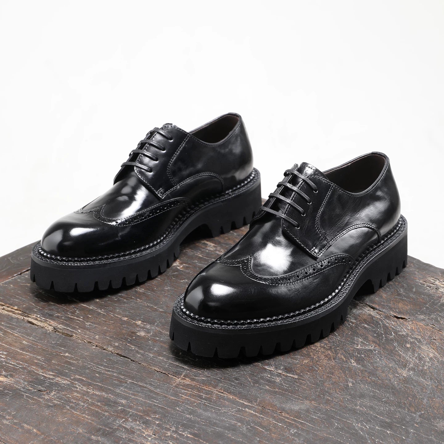 Men's Black Genuine Leather Derby Shoes, Height Increasing, Thick Sole