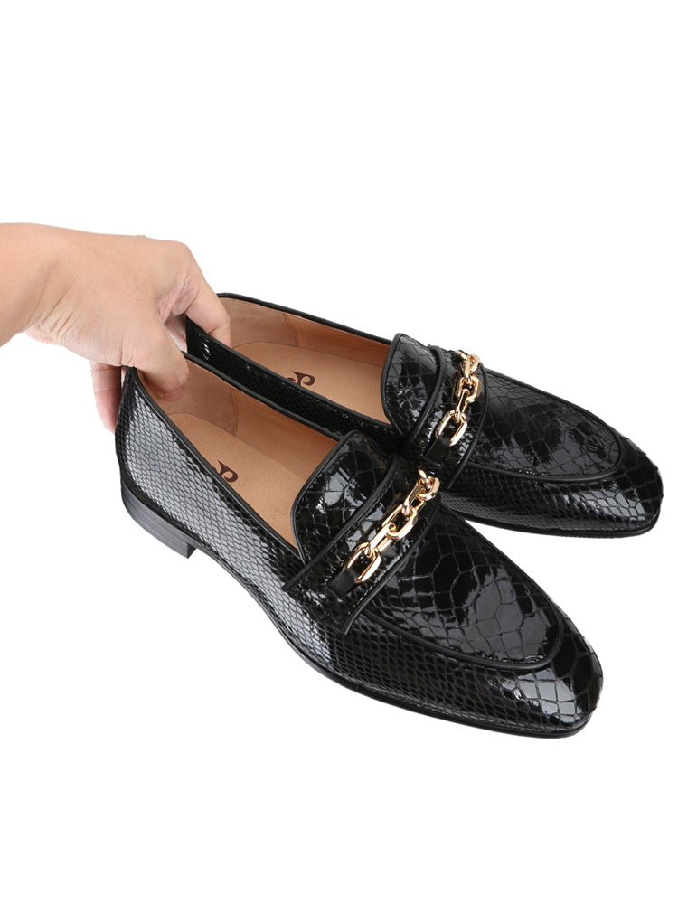 European and American style black crocodile pattern embossed first layer cowhide men's casual leather shoes metal buckle slip-on fashion shoes