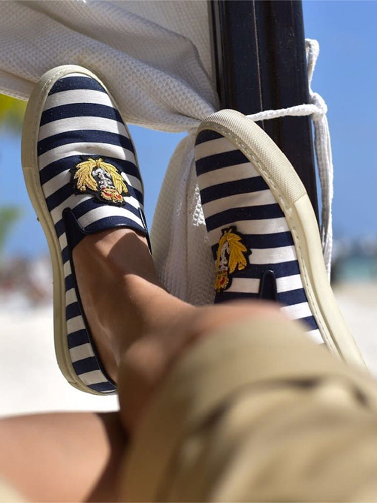 British navy style blue and white canvas slip-on loafers imported handmade Indian silk white thick-soled shoes for men