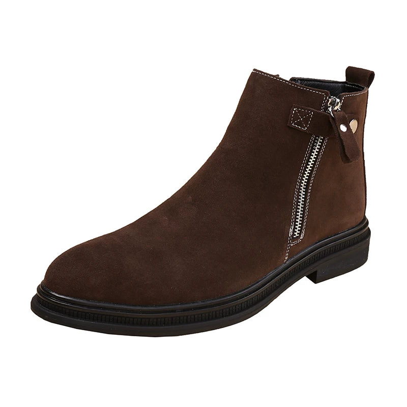 Men's Brown Genuine Leather Martin Boots, Height Increasing, Pointed Toe