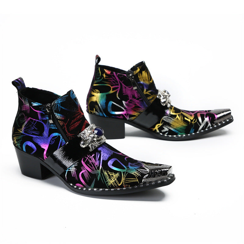 Senlu cowhide Chelsea boots British short boots brogue pointed toe handmade leather boots leather boots trendy foreign trade printing