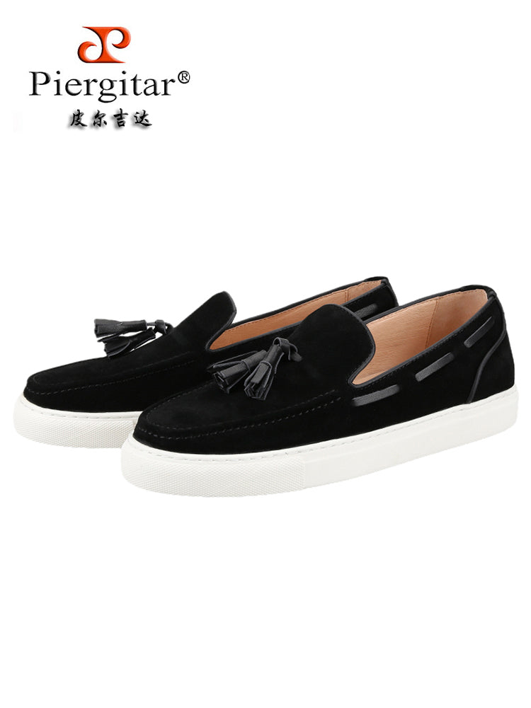 Black imported first-layer nubuck leather slip-on casual sneakers for men, handmade cowhide tassels, classic white thick-soled shoes