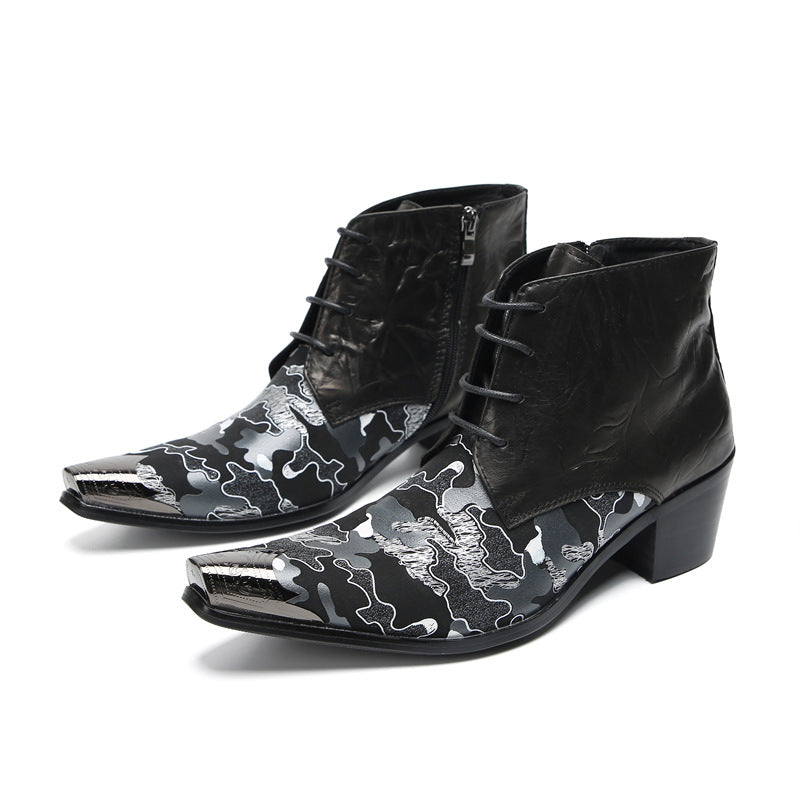 High-top shoes men's velvet autumn and winter leather printing trendy brand short boots British style Martin boots wear-resistant men's casual shoes
