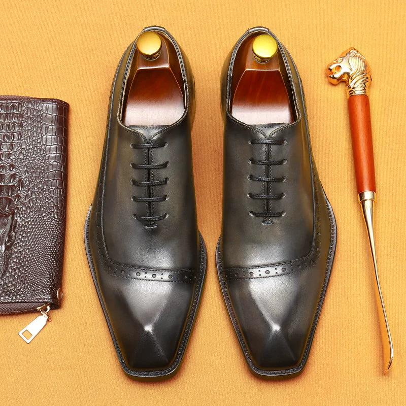 Men's Genuine Leather Leather Shoes, Square Toe, British Style