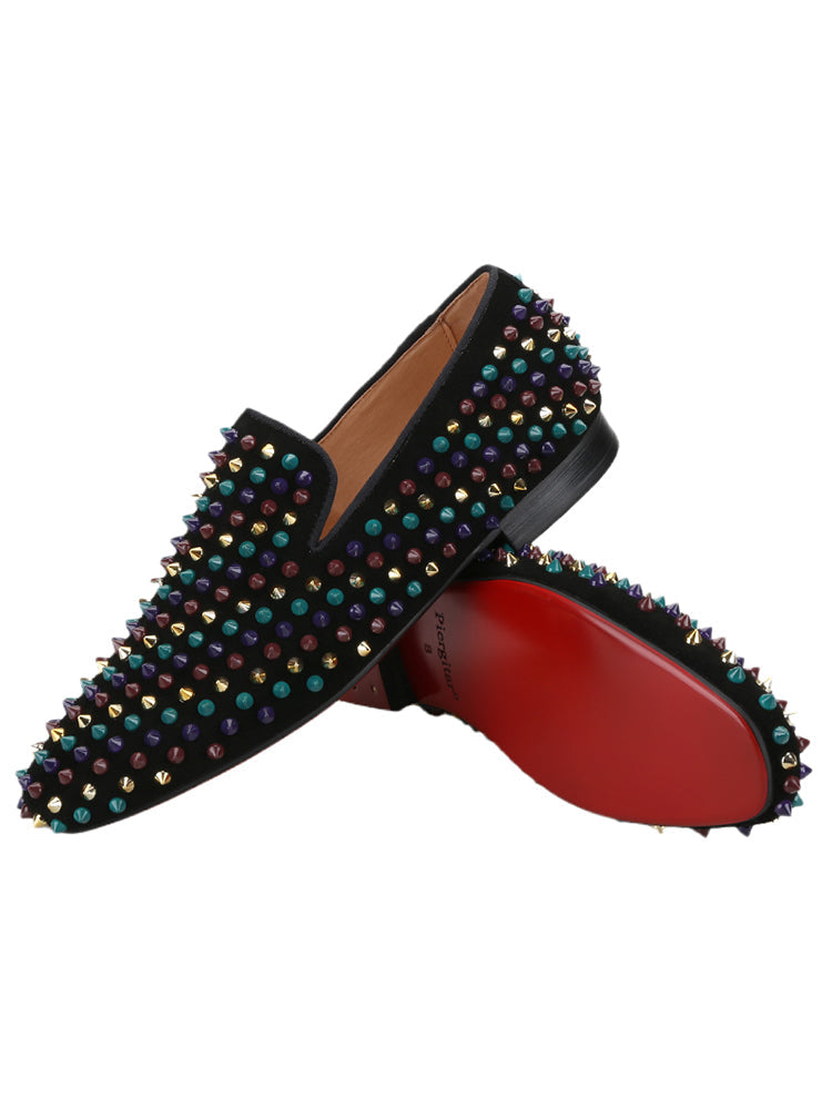 New imported black nubuck leather multi-color rivet handmade loafers European and American fashion party style slip-on trendy shoes for men