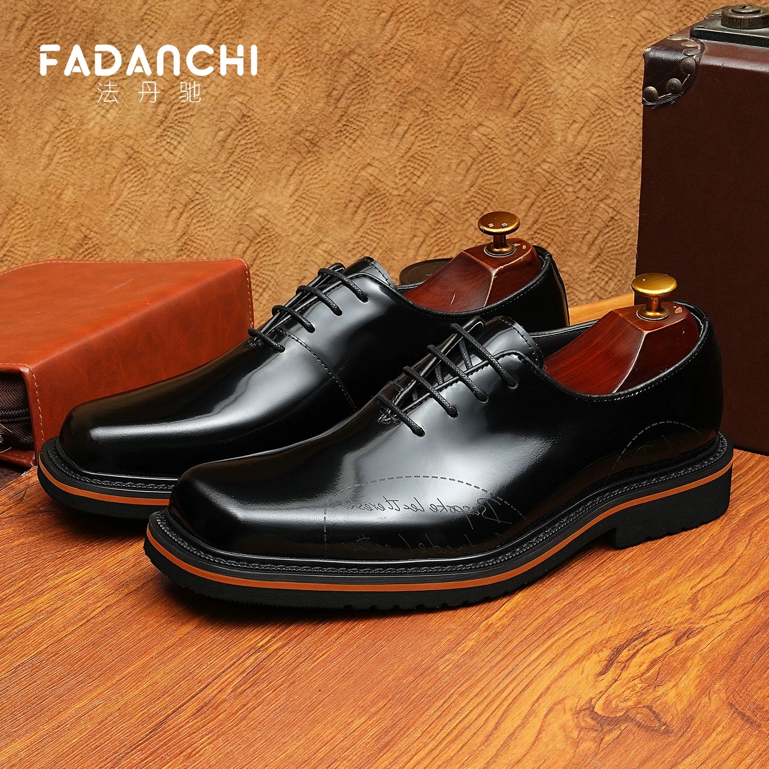 Men's Genuine Leather Oxford Shoes, Square Toe, Glossy