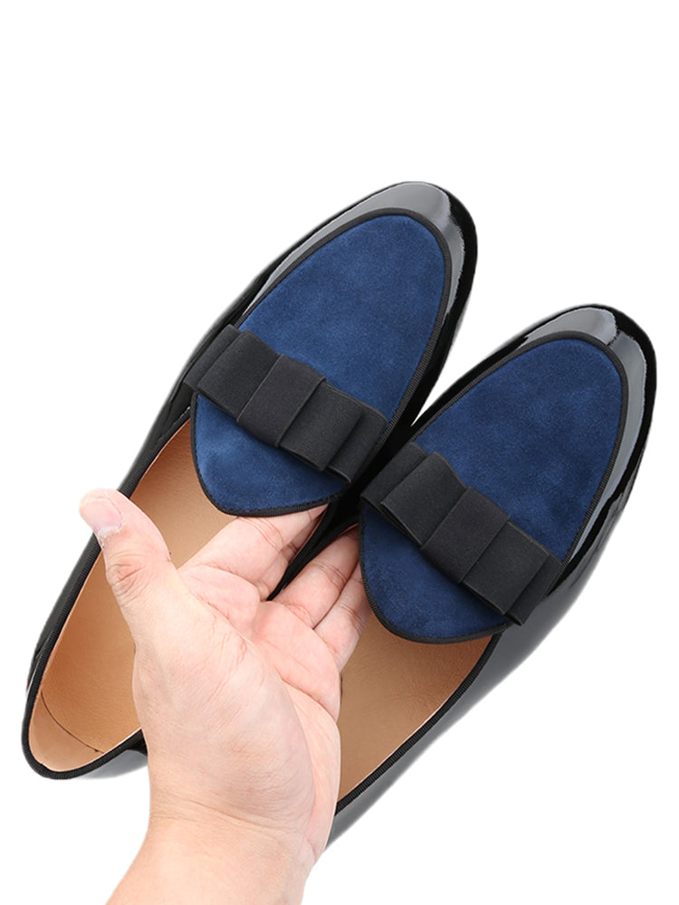 British yuppie style patent leather splicing suede handmade men's loafers wedding banquet formal bow slip-on smoking shoes