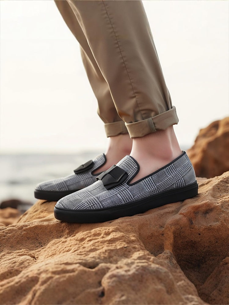 Piergitar gray knitted men's slip-on casual sneakers European and American style handmade bow sports sneakers