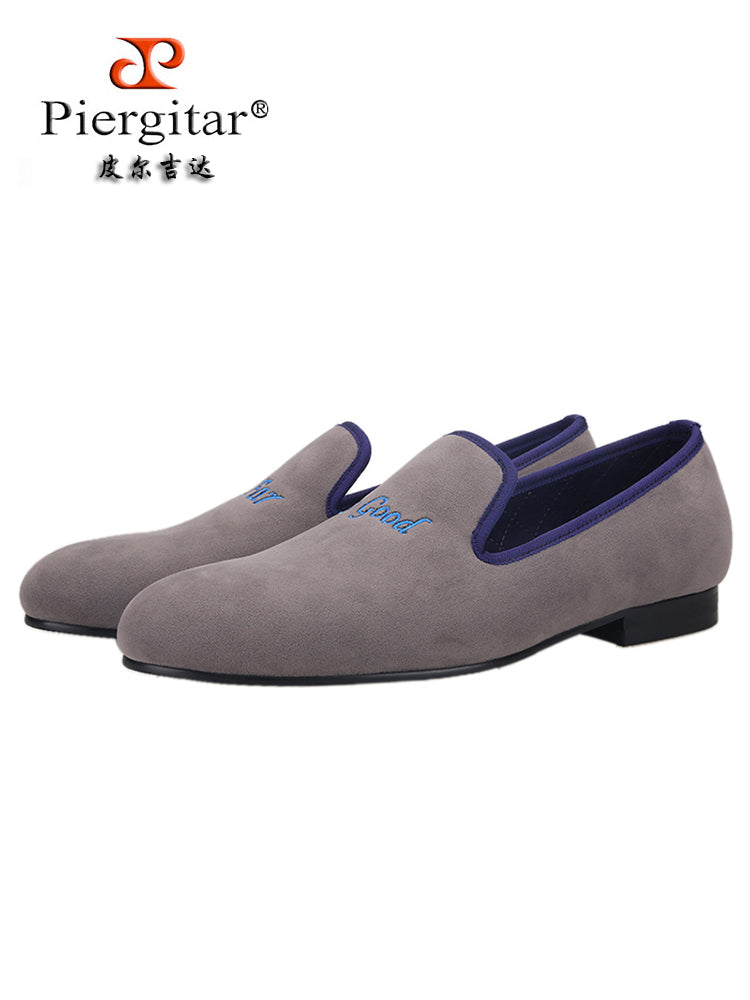 Summer new British style casual slip-on smoking shoes gray velvet embroidered trendy men's slip-on loafers