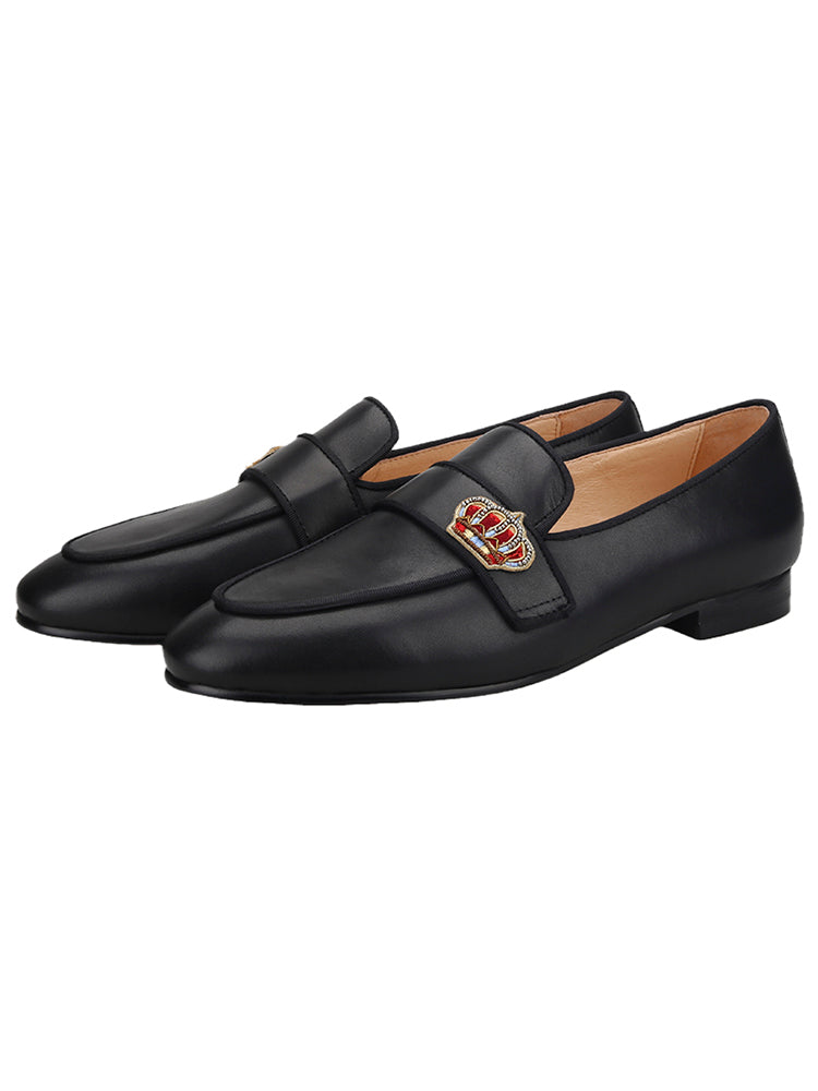 Black first-layer cowhide men's slip-on loafers handmade small crown Indian silk wedding banquet smoking shoes