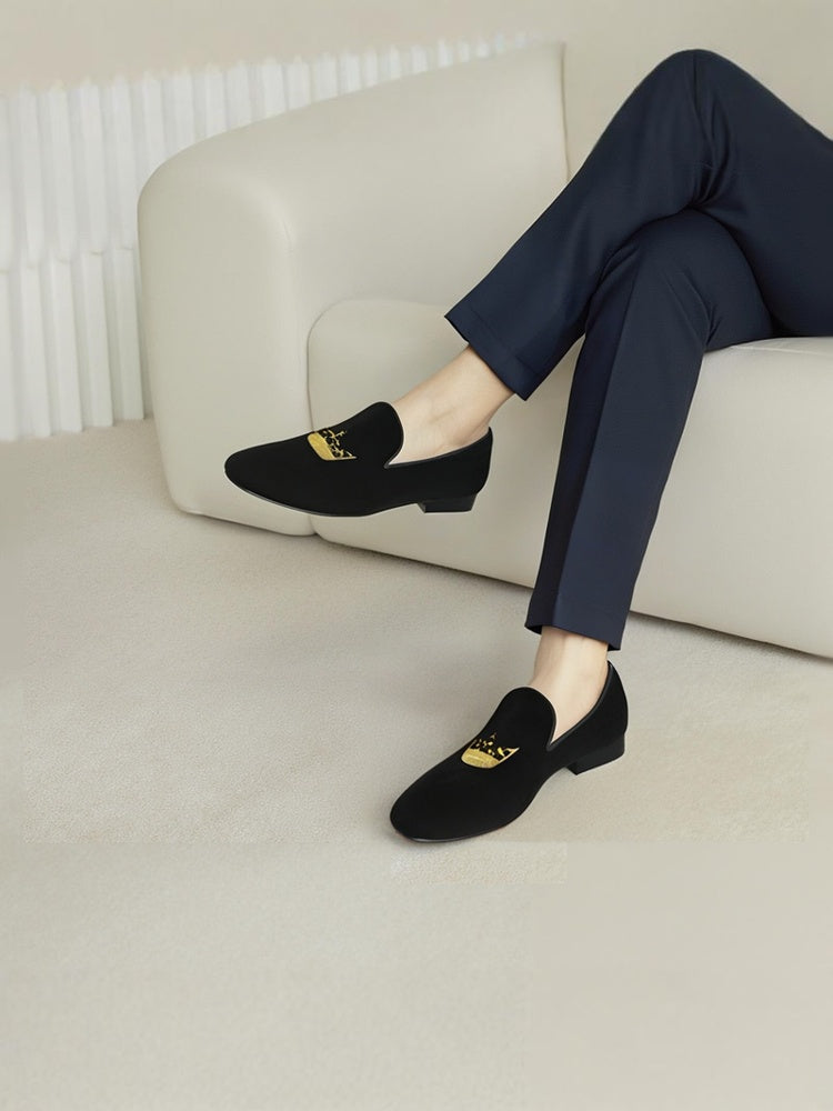 British style classic crown hand embroidered men's velvet loafers wedding party slip-on loafers smoking shoes