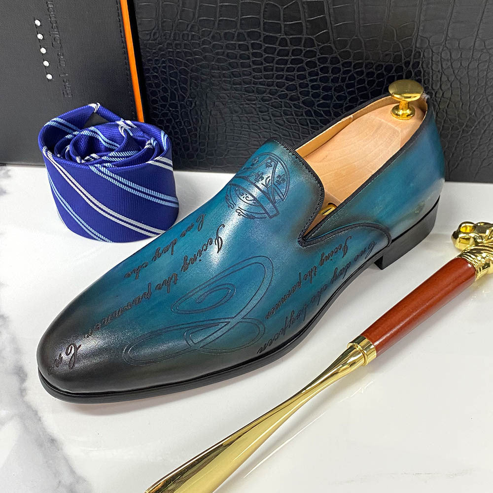 Italian Style Hand-Painted Letters Men's Shoes Genuine Leather Dress Shoes Men's Loafer Slip-on Business Casual Pumps