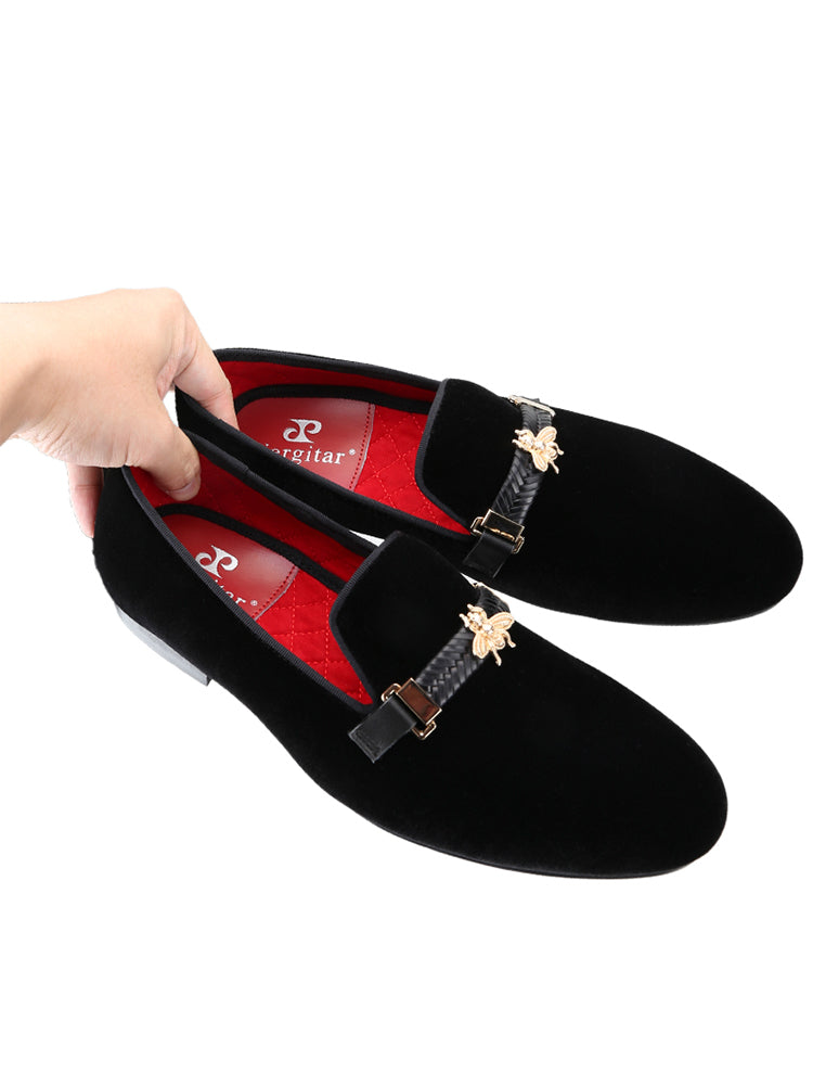 New men's European and American celebrity style imported velvet slip-ons, handmade bee buckle slip-ons, large size smoking shoes