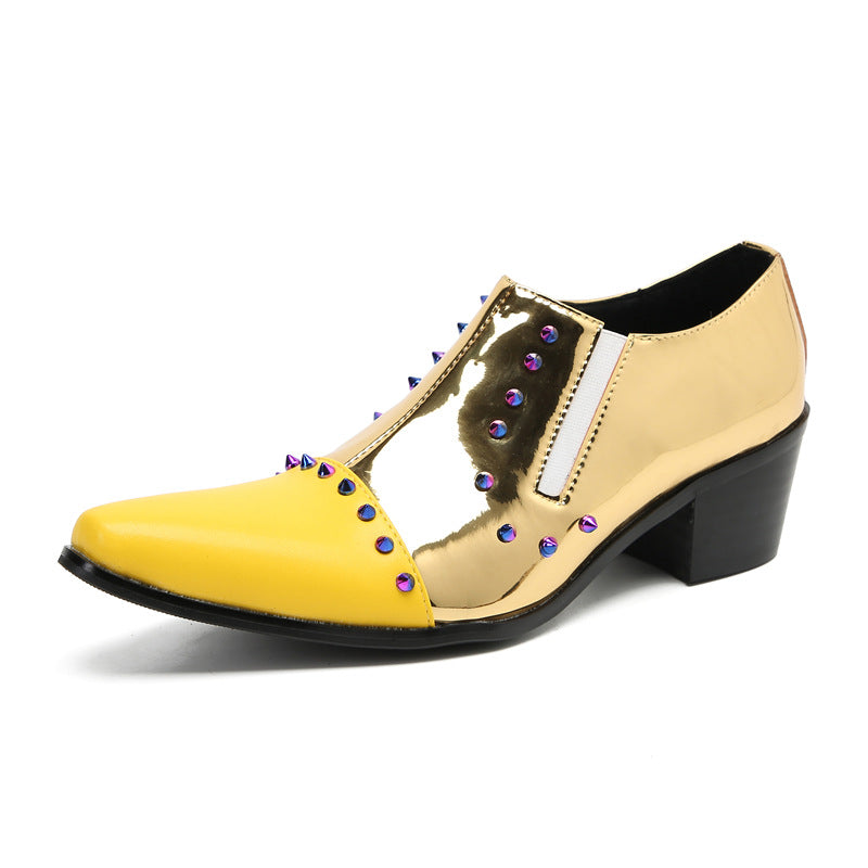Glossy men's gold breathable casual leather shoes British patent leather trend performance pointed inner height wedding banquet shoes