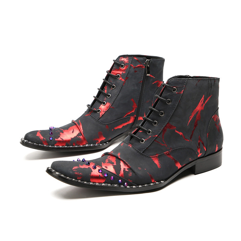 Men's leather thick-soled casual Martin boots lace-up British inner heightening business pointed-toe short boots plus velvet high-top leather shoes