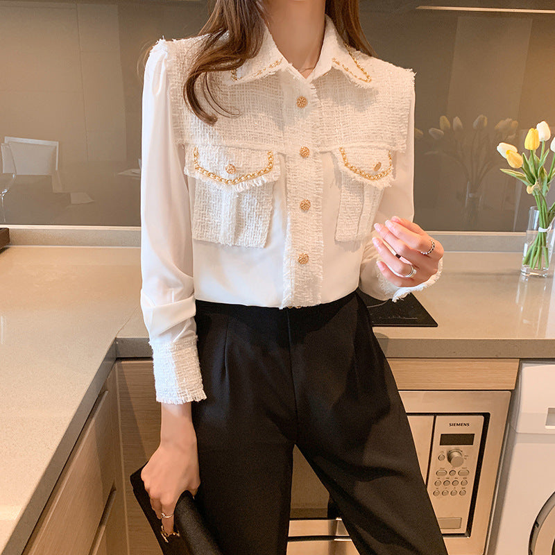 2024 autumn new design sense niche foreign style long sleeve heavy silk shirt women's small fragrant top