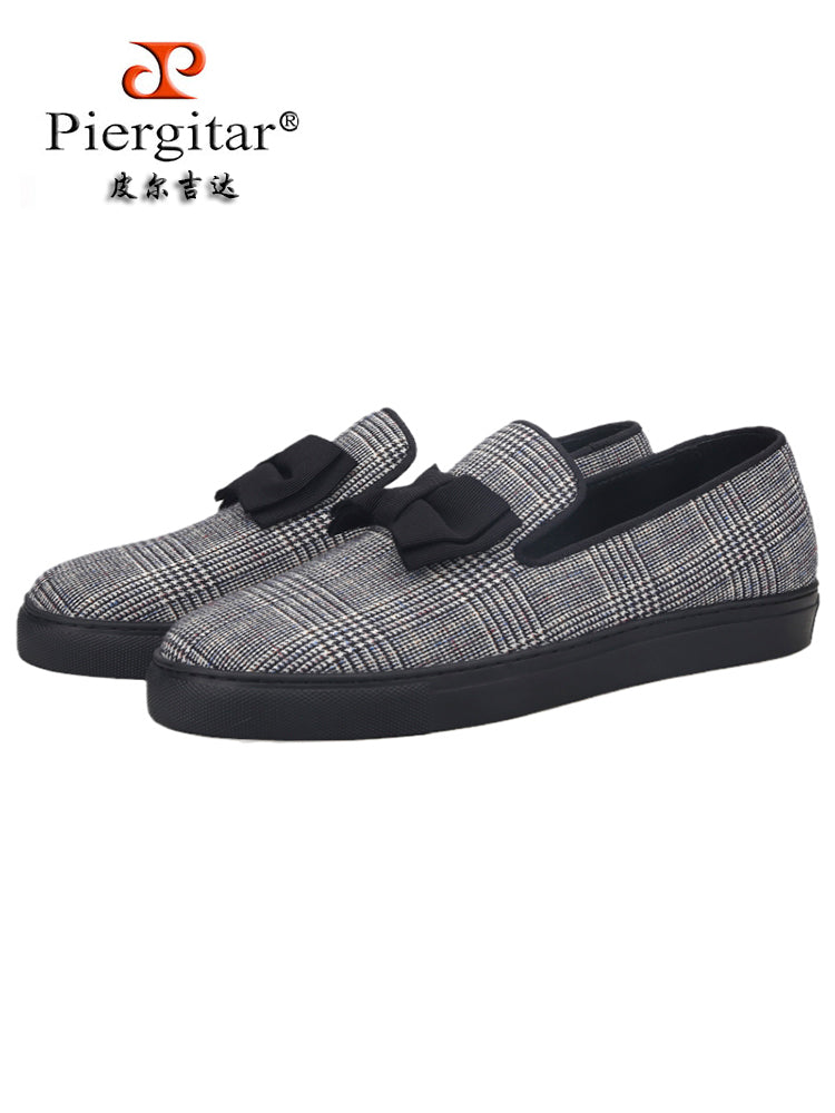 Piergitar gray knitted men's slip-on casual sneakers European and American style handmade bow sports sneakers