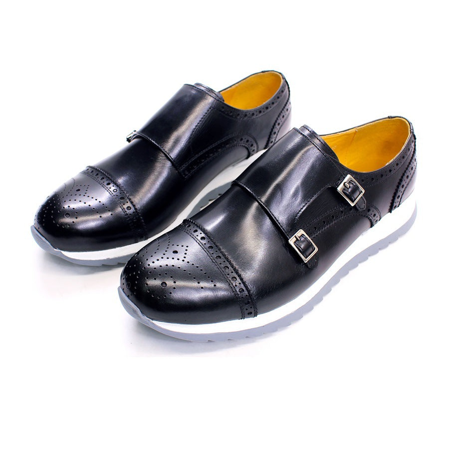 European Station Men's Shoes Young Men's Double Buckle Casual Leather Shoes British Style Genuine Leather Handmade Shoes Fashion Trend Elevator Shoes