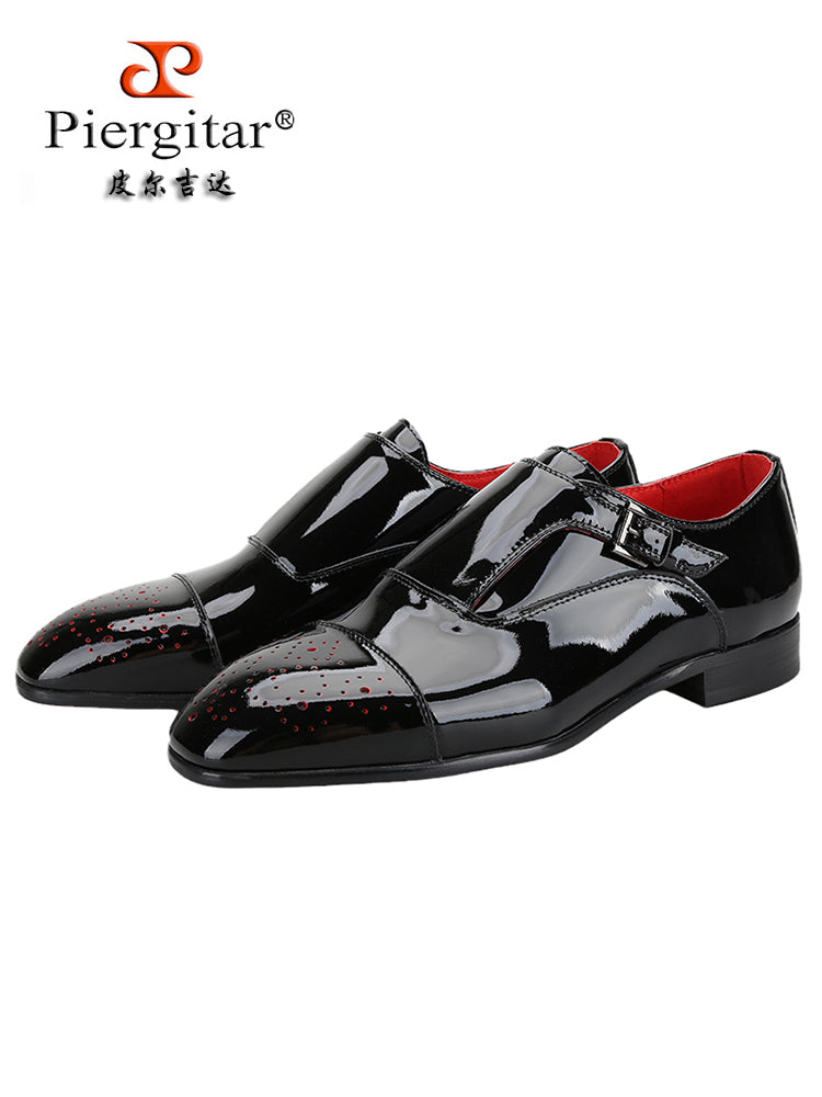 Autumn New Black Patent Leather Men's Oxford Shoes Hand-Punched Metal Buckle Red Sole Monk Shoes for Men