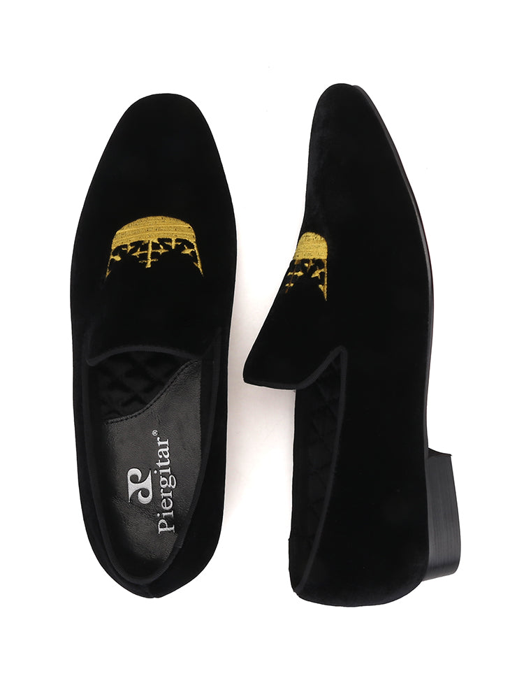 British style classic crown hand embroidered men's velvet loafers wedding party slip-on loafers smoking shoes