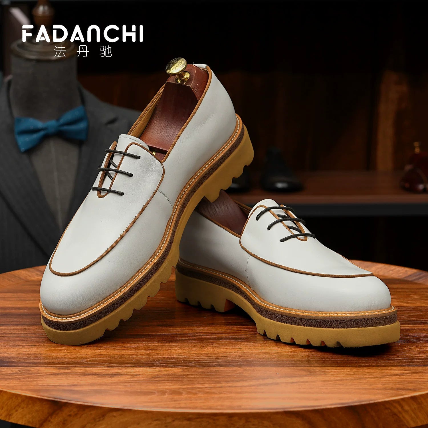 Men's White Genuine Leather Leather Shoes, Height Increasing, Thick Sole