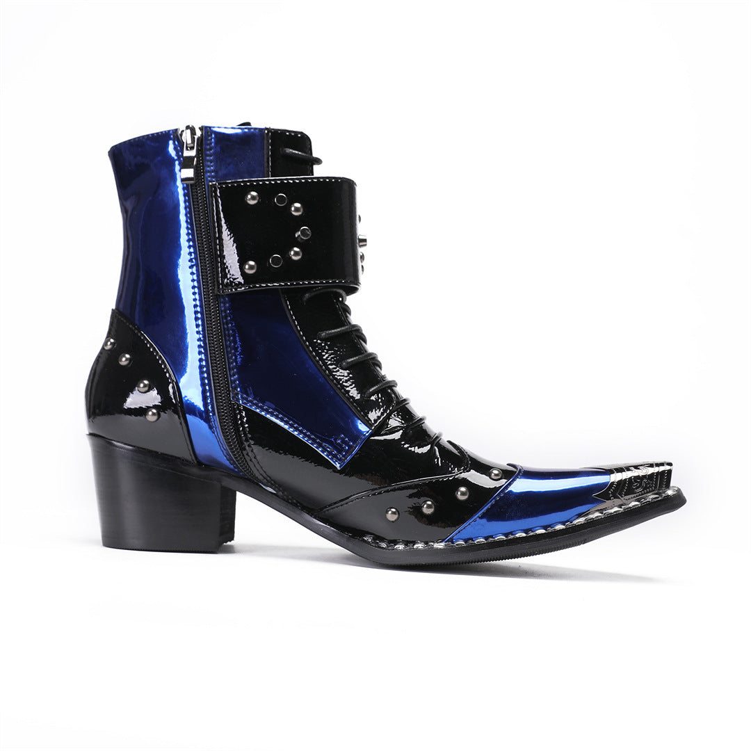 British style special-shaped with square head patent leather short boots plus size 44 45 46 47 48 patent leather thick heel Martin boots blue