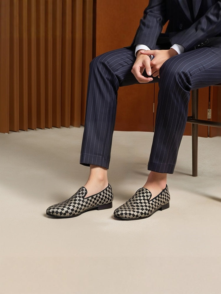 Luxurious checkerboard satin fabric men's slip-on smoking shoes European and American style handmade loafers slip-on yuppie shoes for men