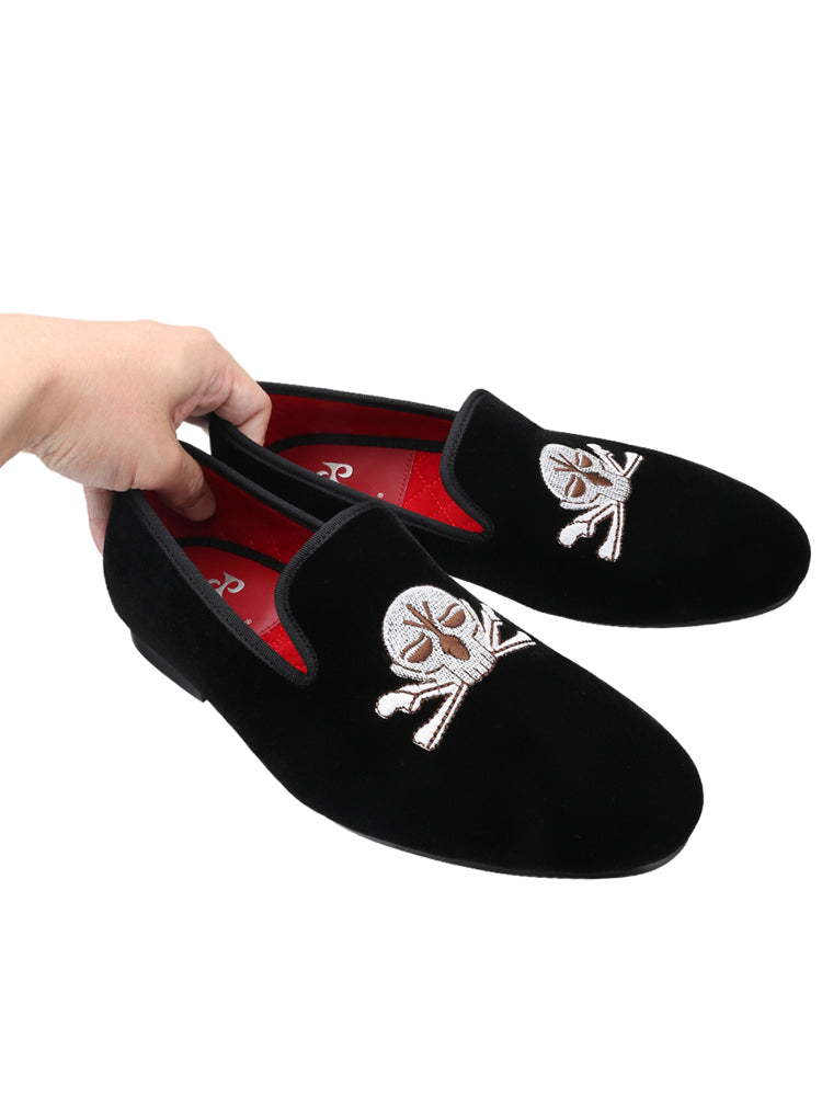 Velvet electric embroidery retro skull men's shoes European and American large size loafers driving shoes lazy shoes trendy low-top shoes