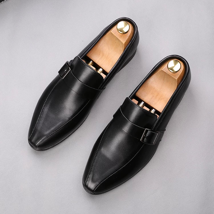 Men's White Leather Shoes, Height Increasing, Pointed Toe