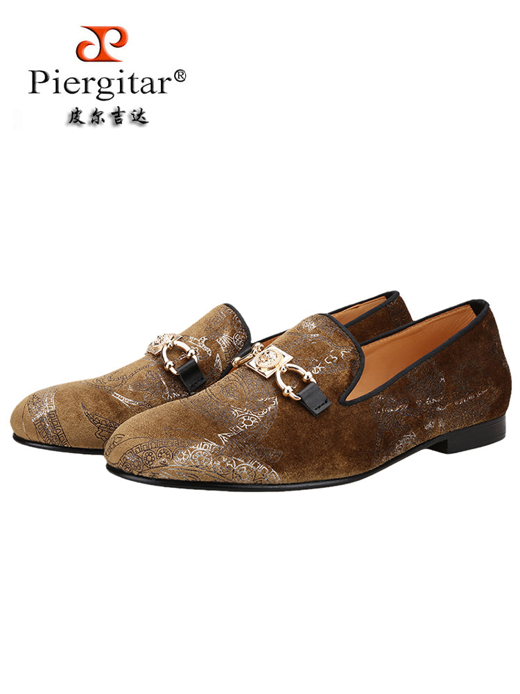 Imported golden totem velvet men's slip-on loafers British style wedding party metal buckle formal smoking shoes