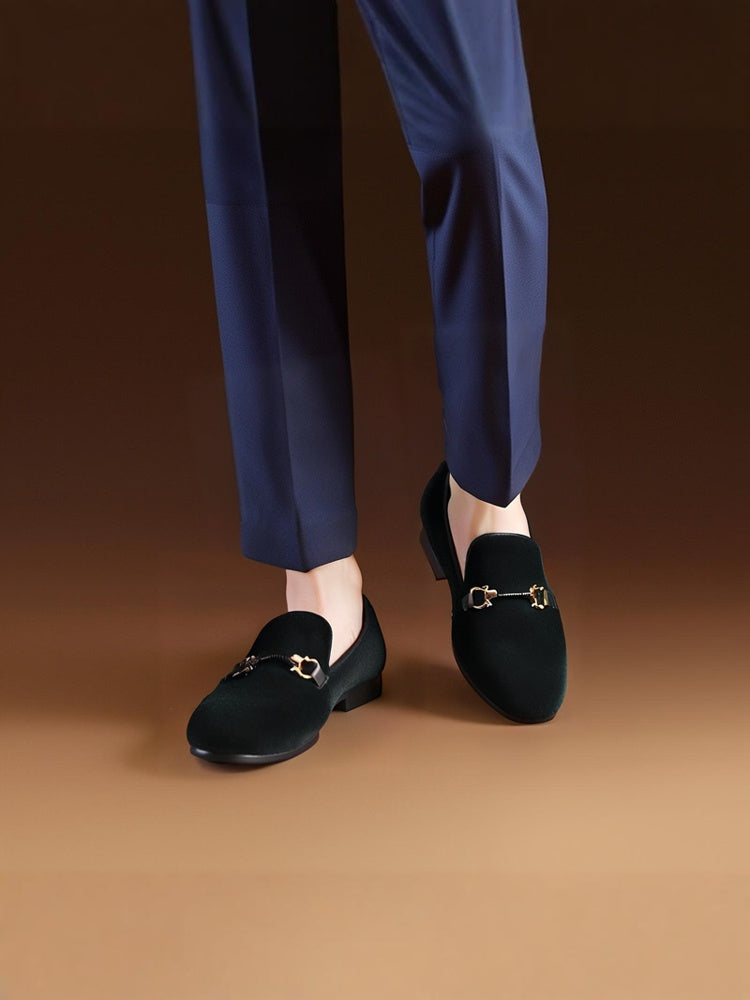 New dark green velvet loafers for men European and American style big-name metal buckle men's loafers slip-on casual shoes