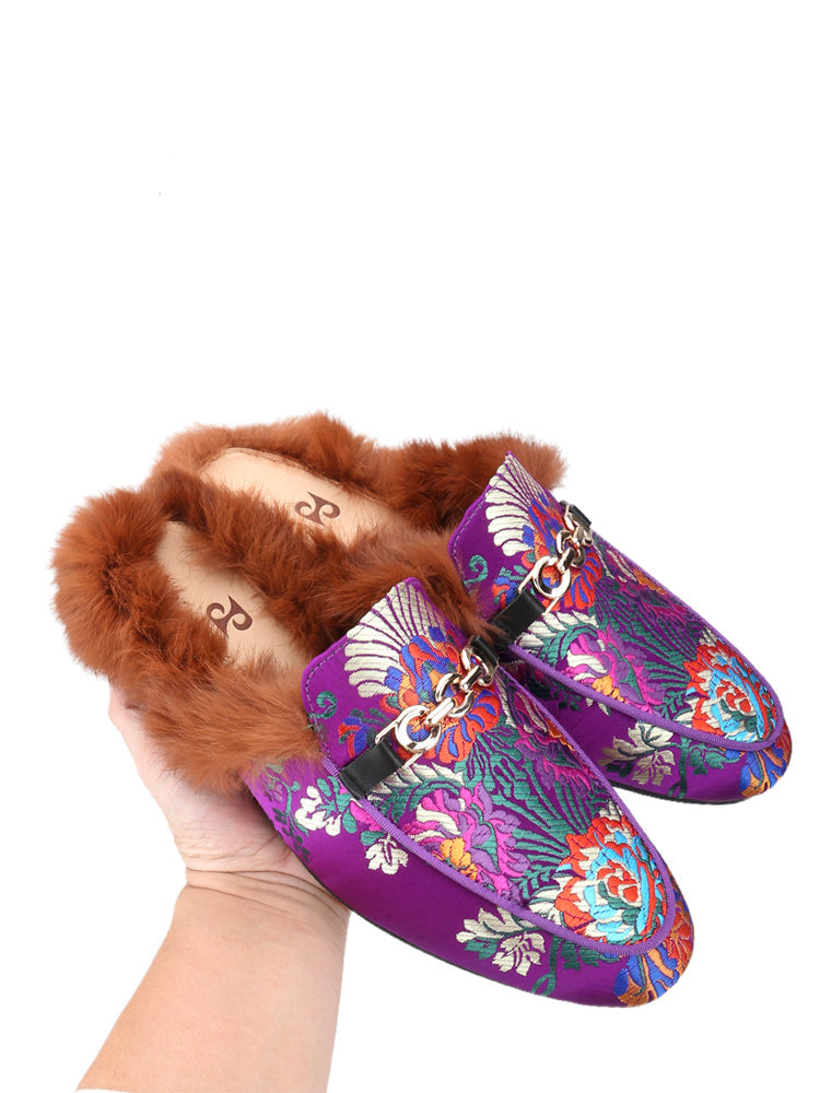 Piergitar imported silk horsebit men's slippers European and American style genuine leather lining rabbit hair Mule slippers for men