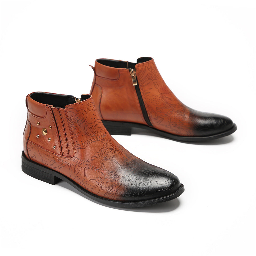Men's Brown Leather Boots – Embroidered, Retro