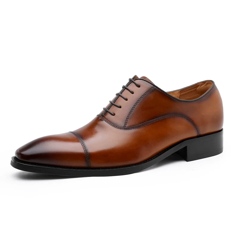 Men's Brown Genuine Leather Oxford Shoes, Height Increasing, Handmade