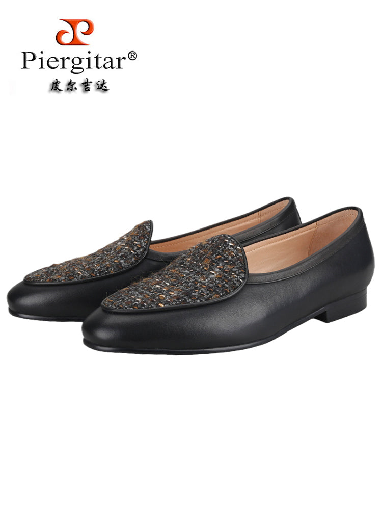 Black vegetable tanned calfskin stitched wool knitted men's loafers British classic style moccasins smoking shoes