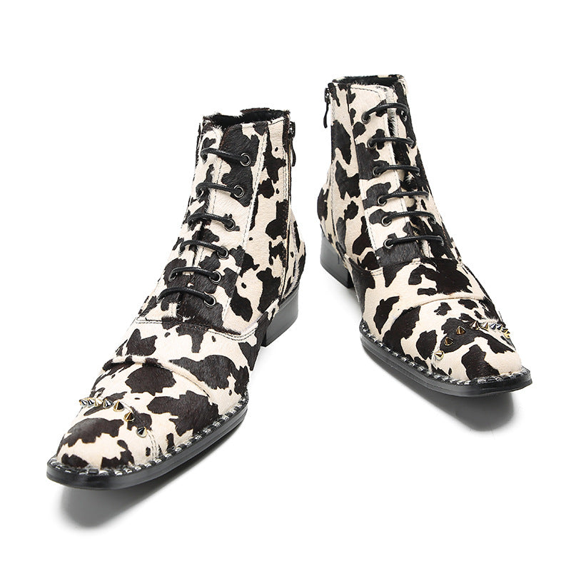 2023 European and American new style pointed toe retro mid-calf snake print boots mid-heel color-blocked western cowboy boots high-heeled embroidered boots for men
