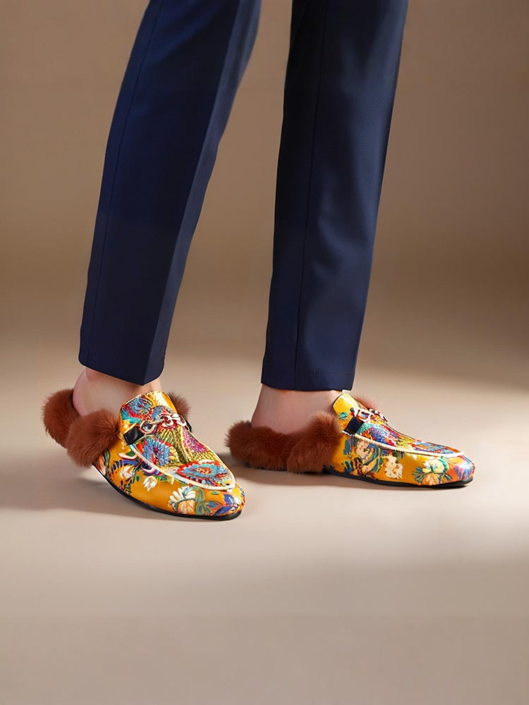 Piergitar imported silk horsebit men's slippers European and American style genuine leather lining rabbit hair Mule slippers for men
