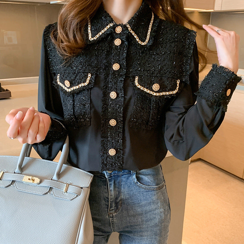 2024 autumn new design sense niche foreign style long sleeve heavy silk shirt women's small fragrant top