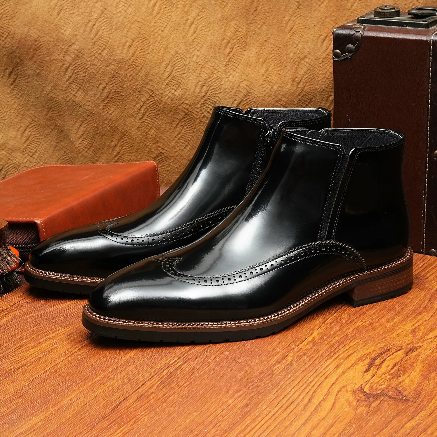 Men's Genuine Leather Martin Boots, Patent Leather, Glossy