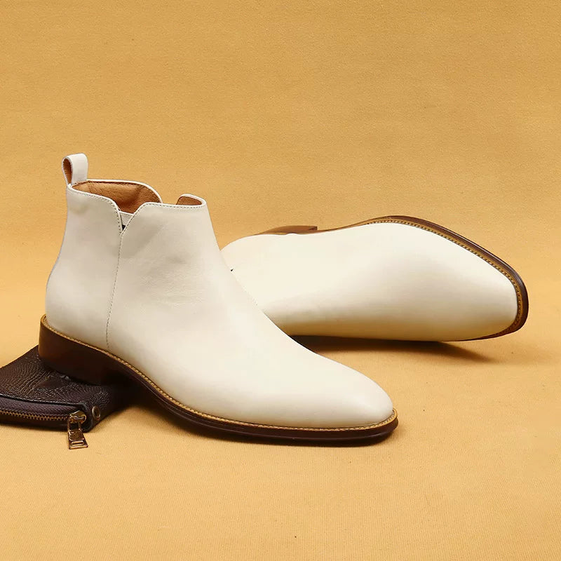 Men's White Genuine Leather Martin Boots, British Style, Business