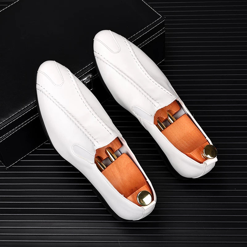 Men's White Leather Shoes, Breathable, Pointed Toe