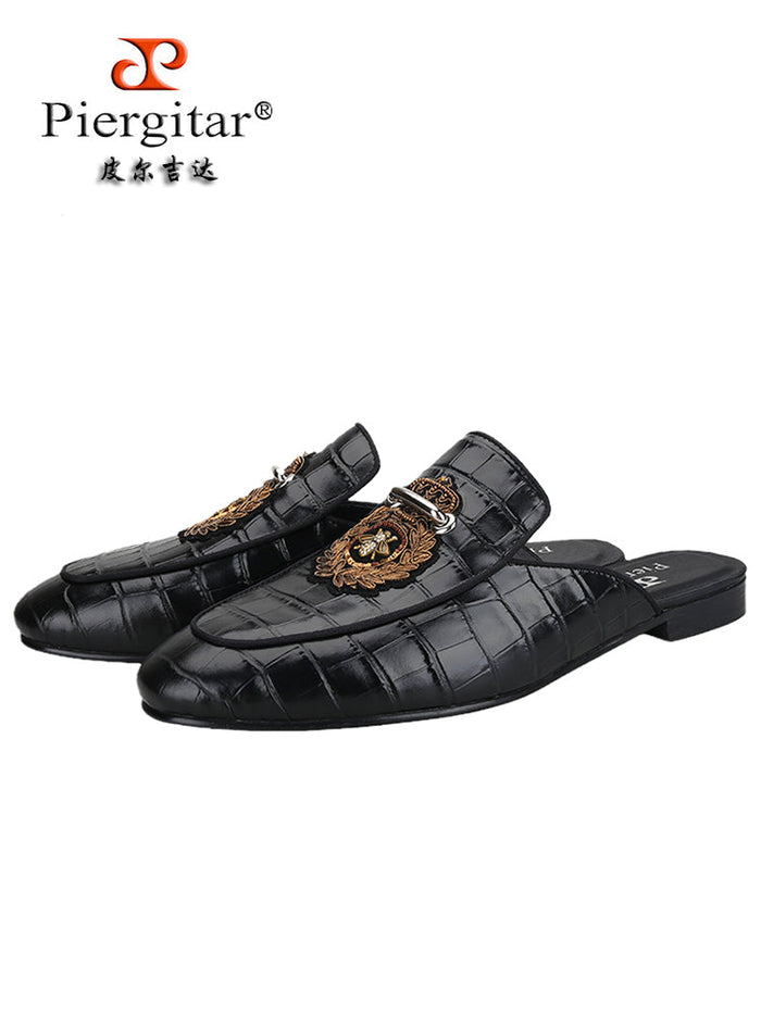Crocodile pattern cowhide trendy men's mules metal copper buckle luxury fashion big-name bee Indian silk lazy slippers for men