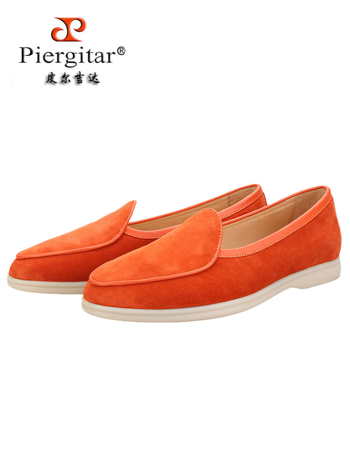 British design orange suede nubuck leather men's slip-on loafers natural rubber white thick-soled casual shoes