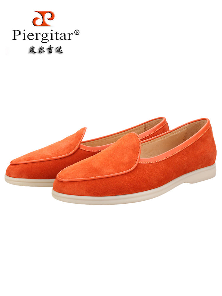 British design orange suede nubuck leather men's slip-on loafers natural rubber white thick-soled casual shoes